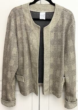 Vintage Weekenders Open Front Cardigan Sweater Tan/Black Herringbone Size XL